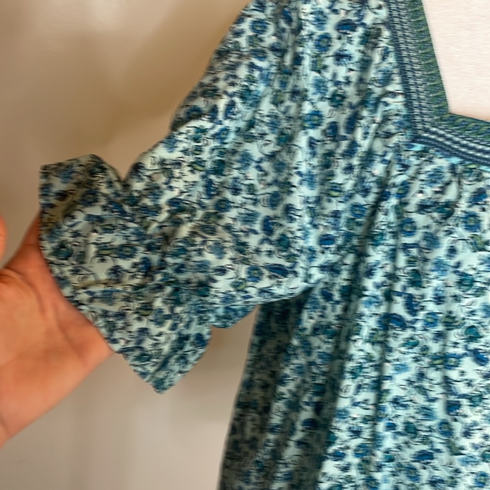 [BUNULU] Turquoise/Blue Flora Boho Blouse - Size Medium - Picture 2 of 4